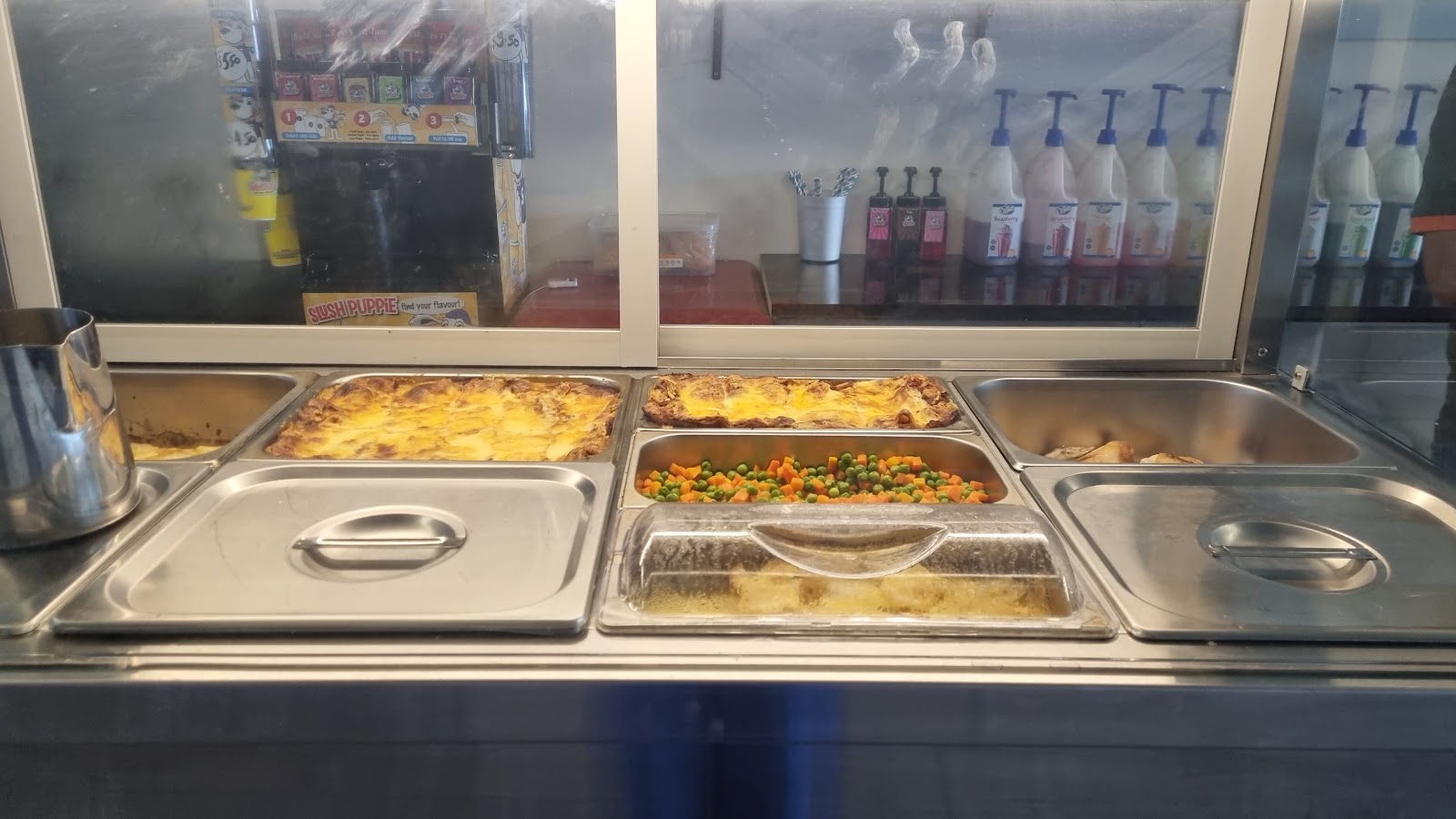 Trays of freshly made hot meals in the bain-marie at The Blue Jaye Cafe
